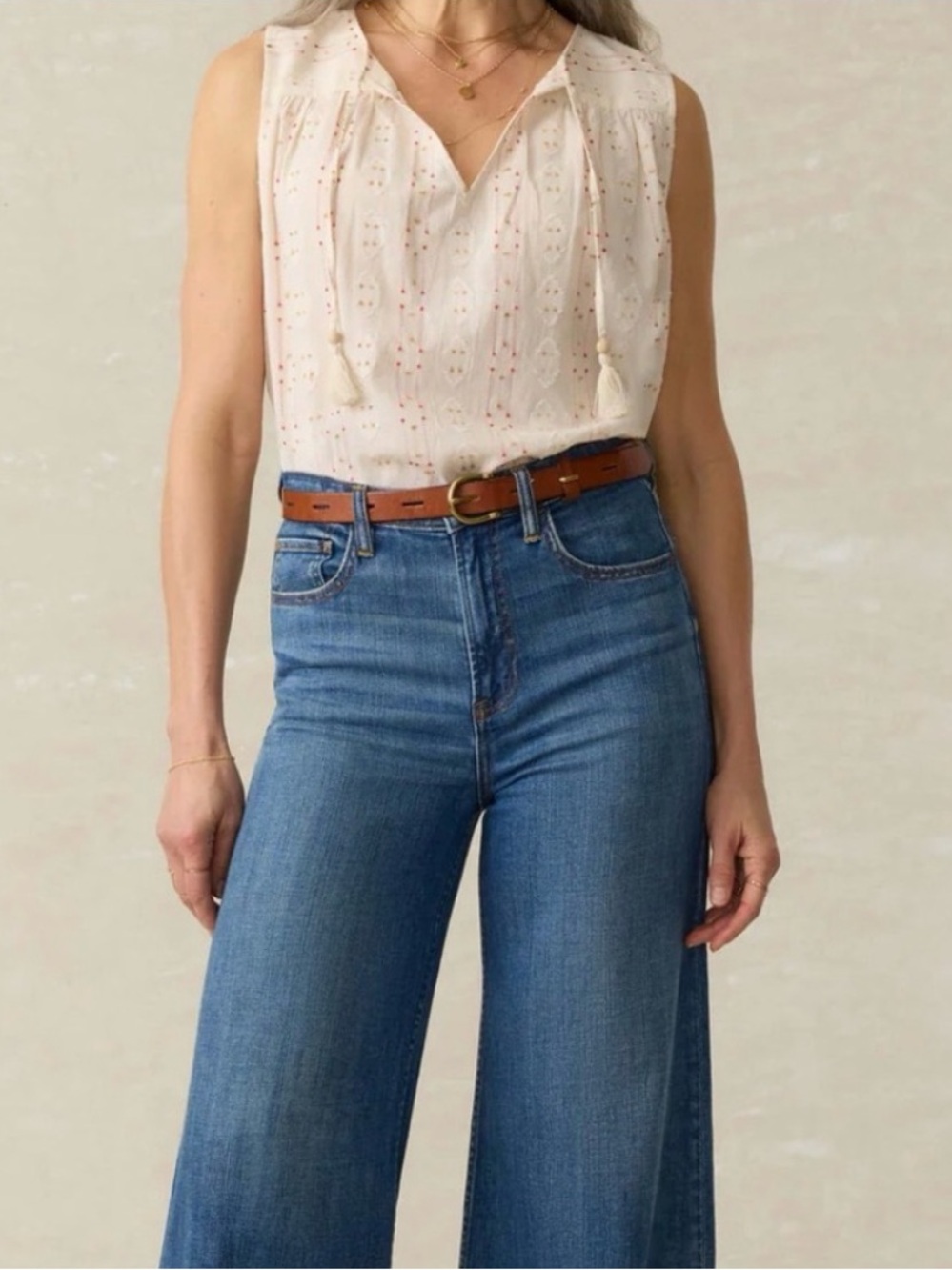 Faherty Skylar Sunburst Cream Tassel Tank Top Medium Desert Boho Organic Cotton - Picture 4 of 12